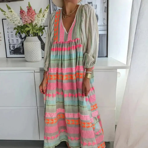 Bunt gestreiftes Midi-Sommerkleid mit Puffärmeln