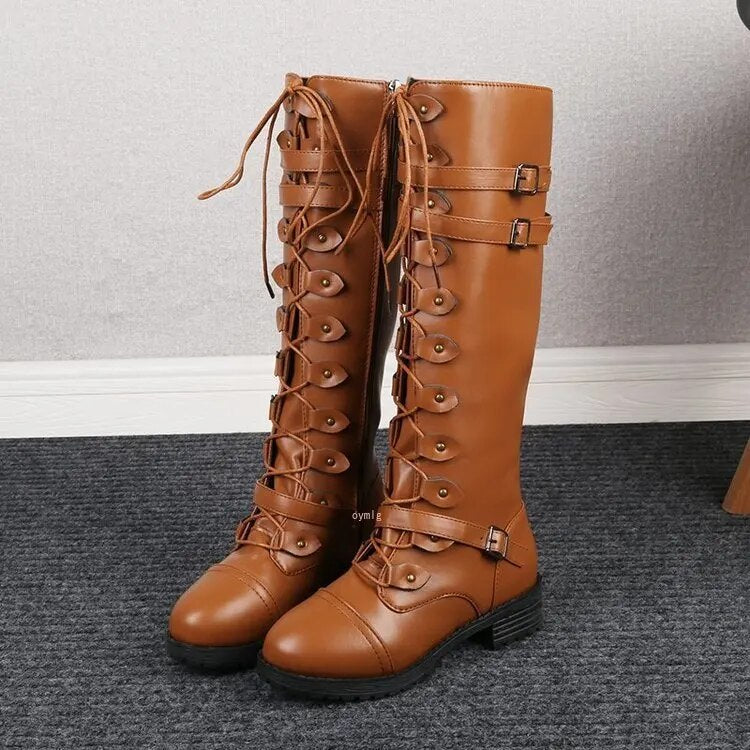Heidi-Mode | Damen Schnürstiefel Flach Weinlese mit Schnallen Im Steampunk Stil