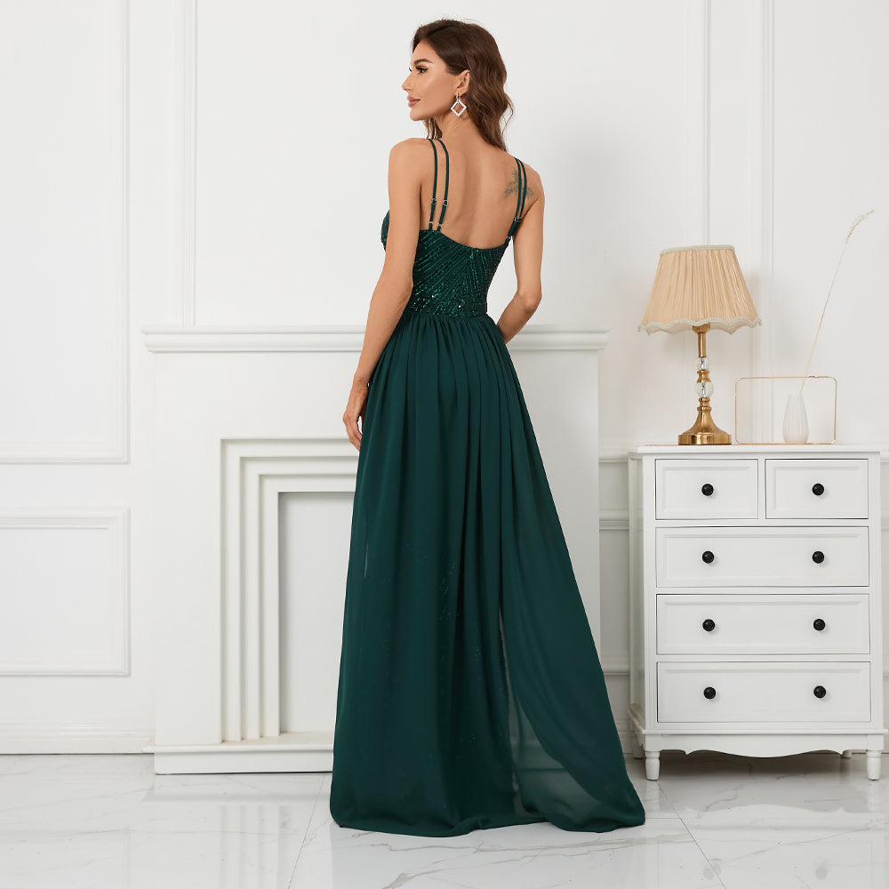 Heidi-Mode | Pailletten Maxi Kleider Abnehmbarer Chiffon Zug