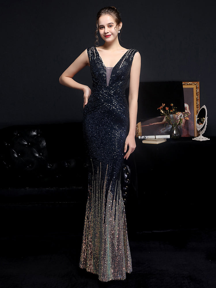 Heidi-Mode | Ärmellose V-Ausschnitt Paillettenkleid Maxi