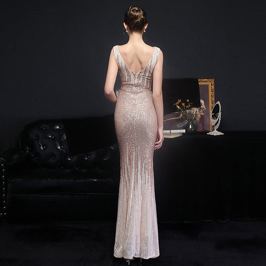 Heidi-Mode | Ärmellose V-Ausschnitt Paillettenkleid Maxi