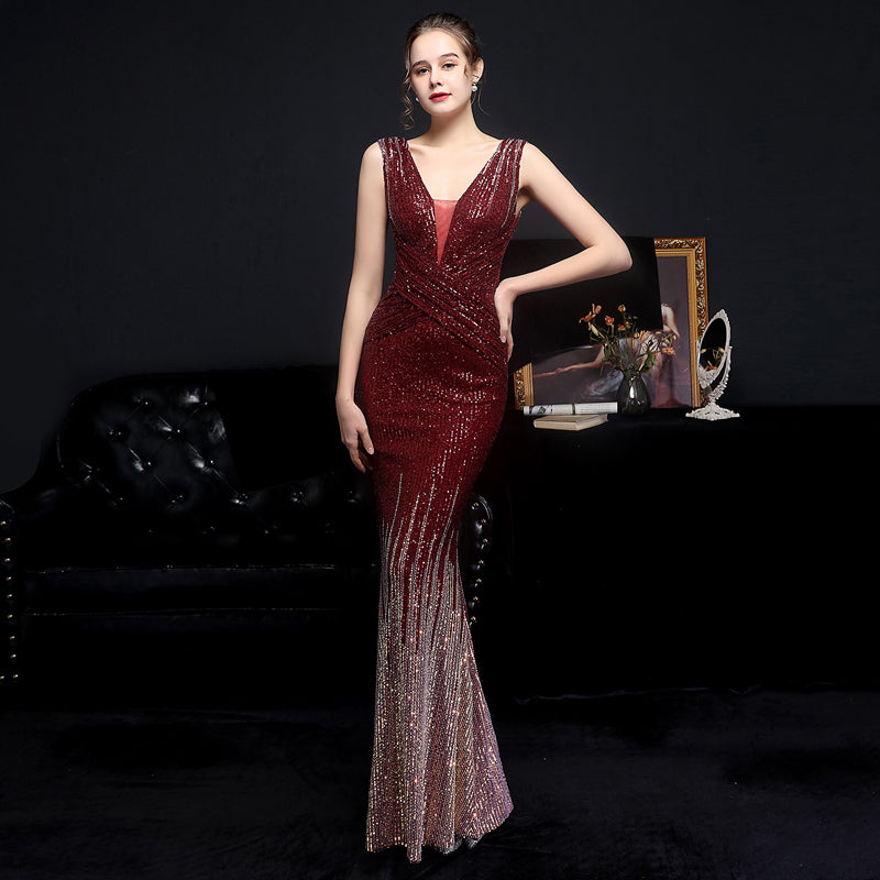 Heidi-Mode | Ärmellose V-Ausschnitt Paillettenkleid Maxi