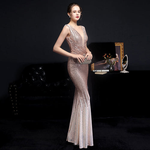 Heidi-Mode | Ärmellose V-Ausschnitt Paillettenkleid Maxi