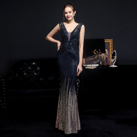 Heidi-Mode | Ärmellose V-Ausschnitt Paillettenkleid Maxi
