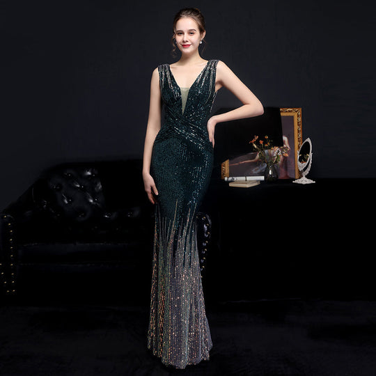 Heidi-Mode | Ärmellose V-Ausschnitt Paillettenkleid Maxi