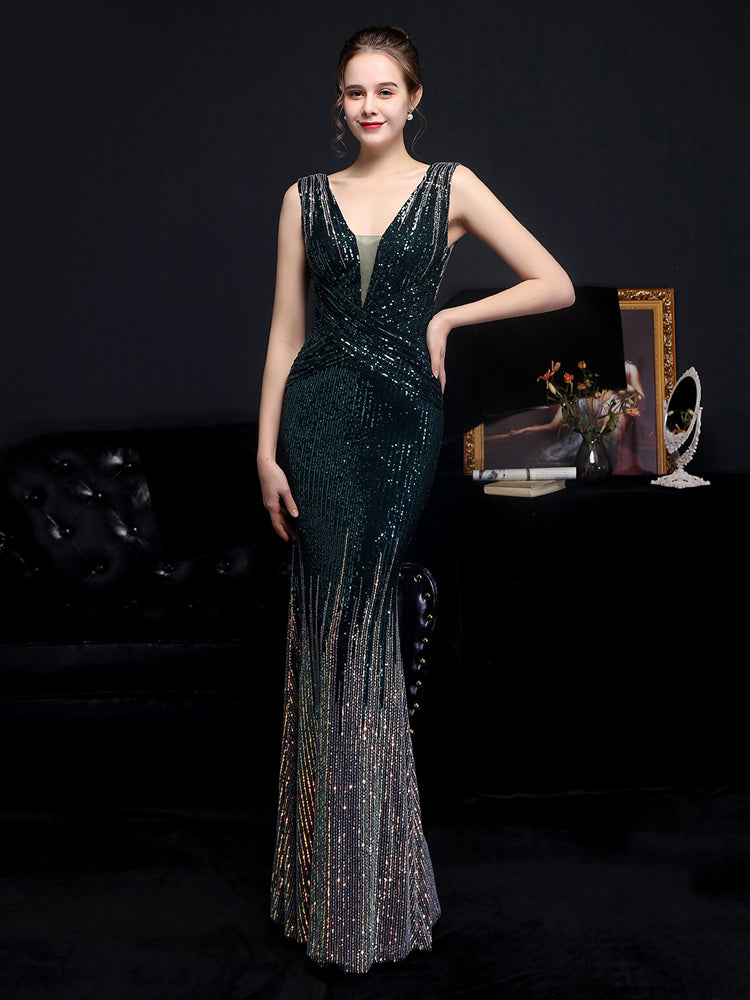 Heidi-Mode | Ärmellose V-Ausschnitt Paillettenkleid Maxi