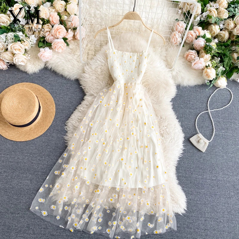 Damen Sommer Mesh Partykleid mit Gänseblümchen Blumenmuster und Spaghettiträgern