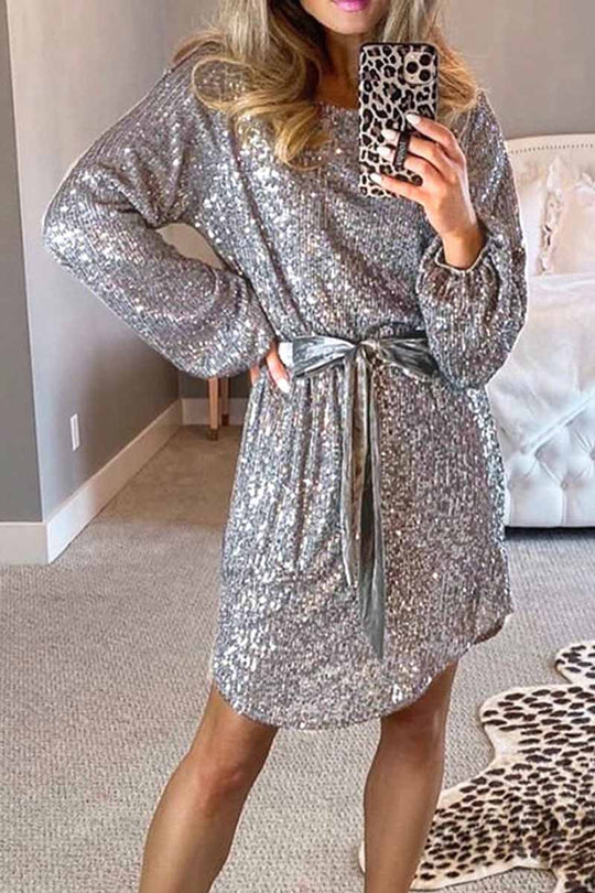 Heidi-Mode | Rundhals Lampe Uhrwerk Ärmeln Pailletten Mini Kleid