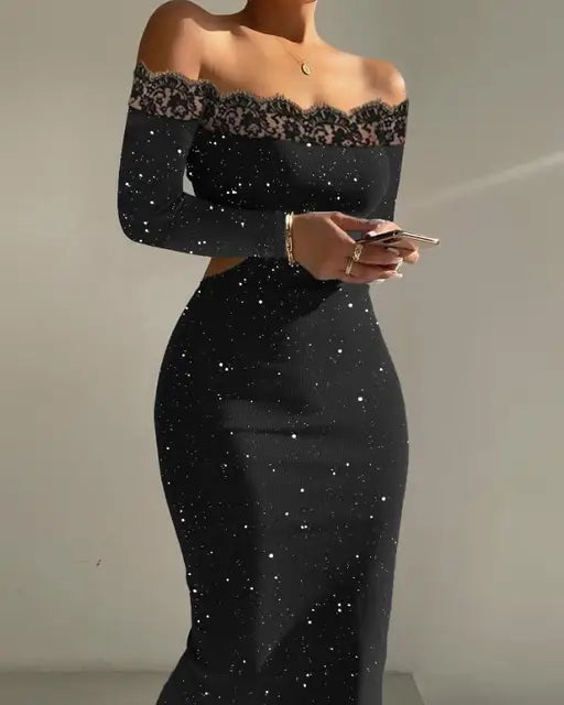 Jurken Vrouw Sexy Party Glitter Contrast Kant Midi Jurk