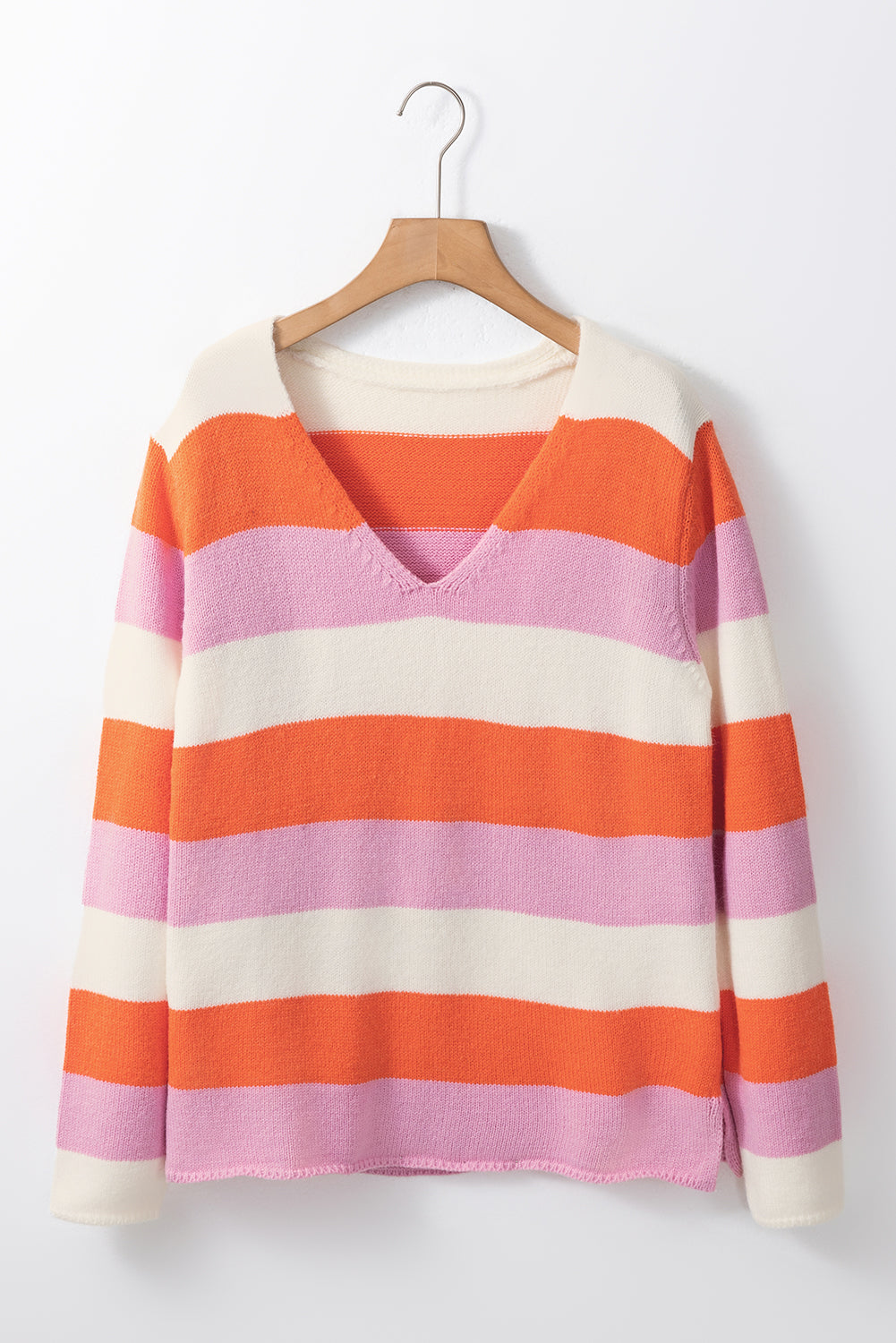 Gestreifter Colorblock V-Ausschnitt Freizeitpullover