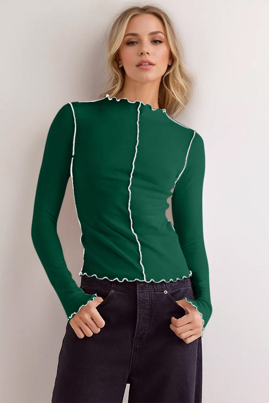 Heidi-Mode | Basic Bae Kontrastbesatz Mock Neck Langarm T-Shirt