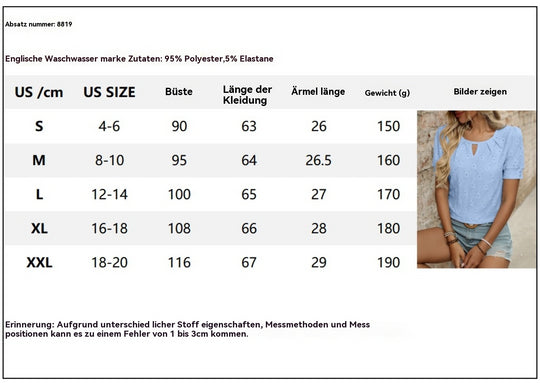 Heidi Mode | Solide Farbe Rundhalsausschnitt Knopf hohl kurze Ärmel