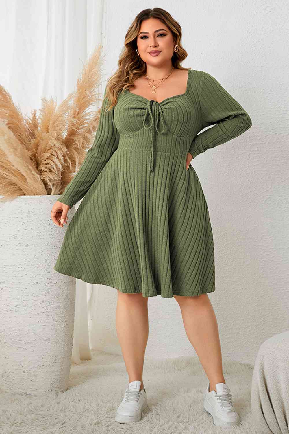 Heidi-Mode | Plus Size Herzausschnitt Langarm Rippkleid