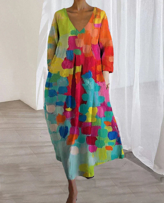 Heidi-Mode | Buntes Midikleid mit V-Ausschnitt