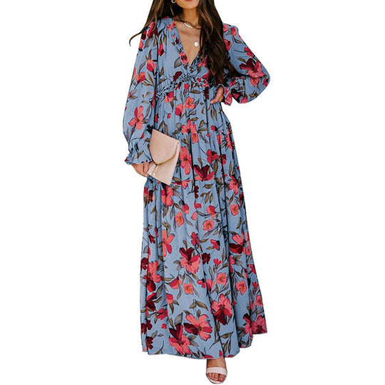 Heidi-Mode | Druck Kleid mit Langen Ärmeln und V-Ausschnitt