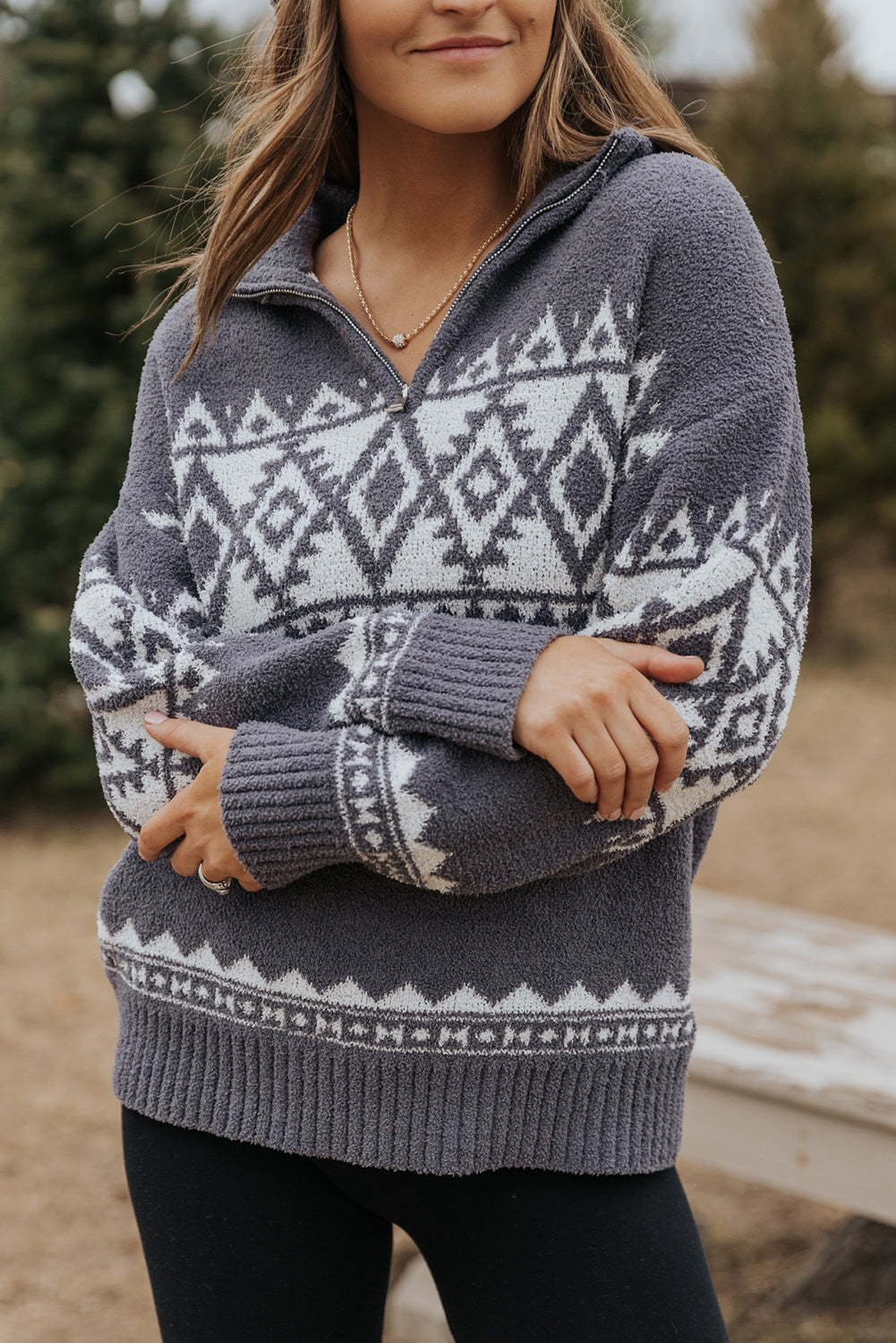 Western Pullover Mit Geometrischem Aufdruck Und Viertelreißverschluss