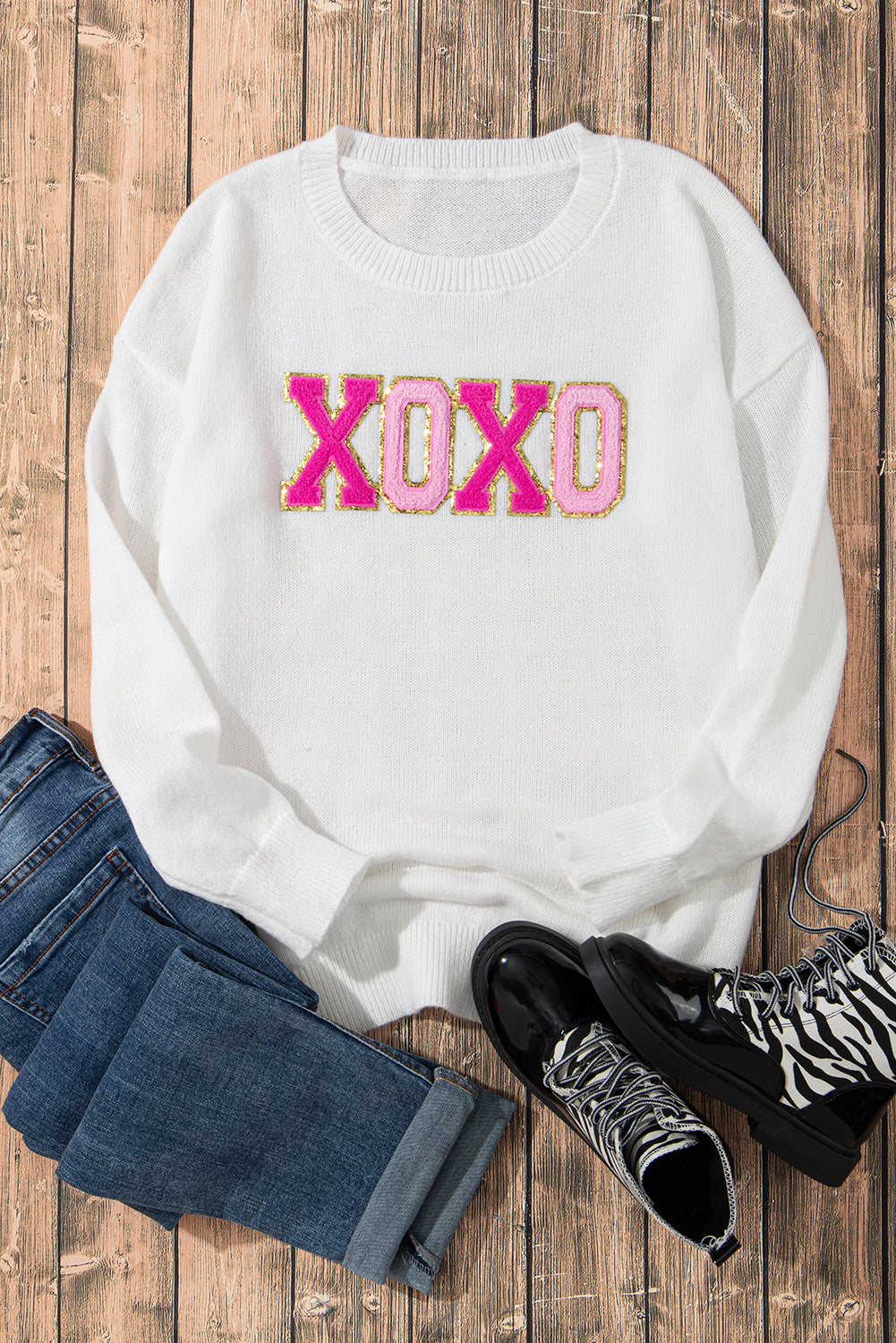 Xoxo Glitter Print Rundhalsausschnitt Casual Pullover