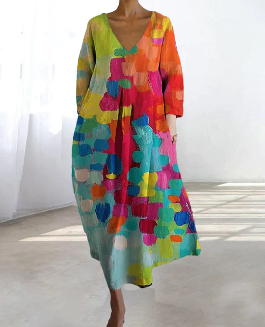 Heidi-Mode | Buntes Midikleid mit V-Ausschnitt