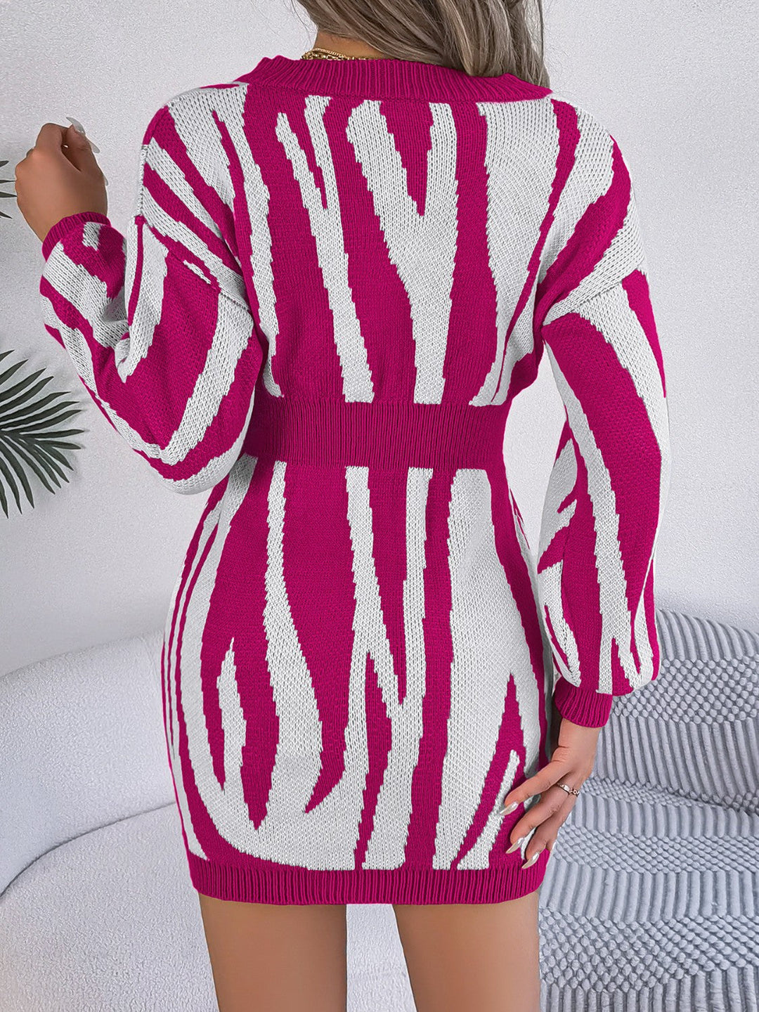 Heidi-Mode | Rüschen Druck V-Ausschnitt Langarm Pullover Kleid