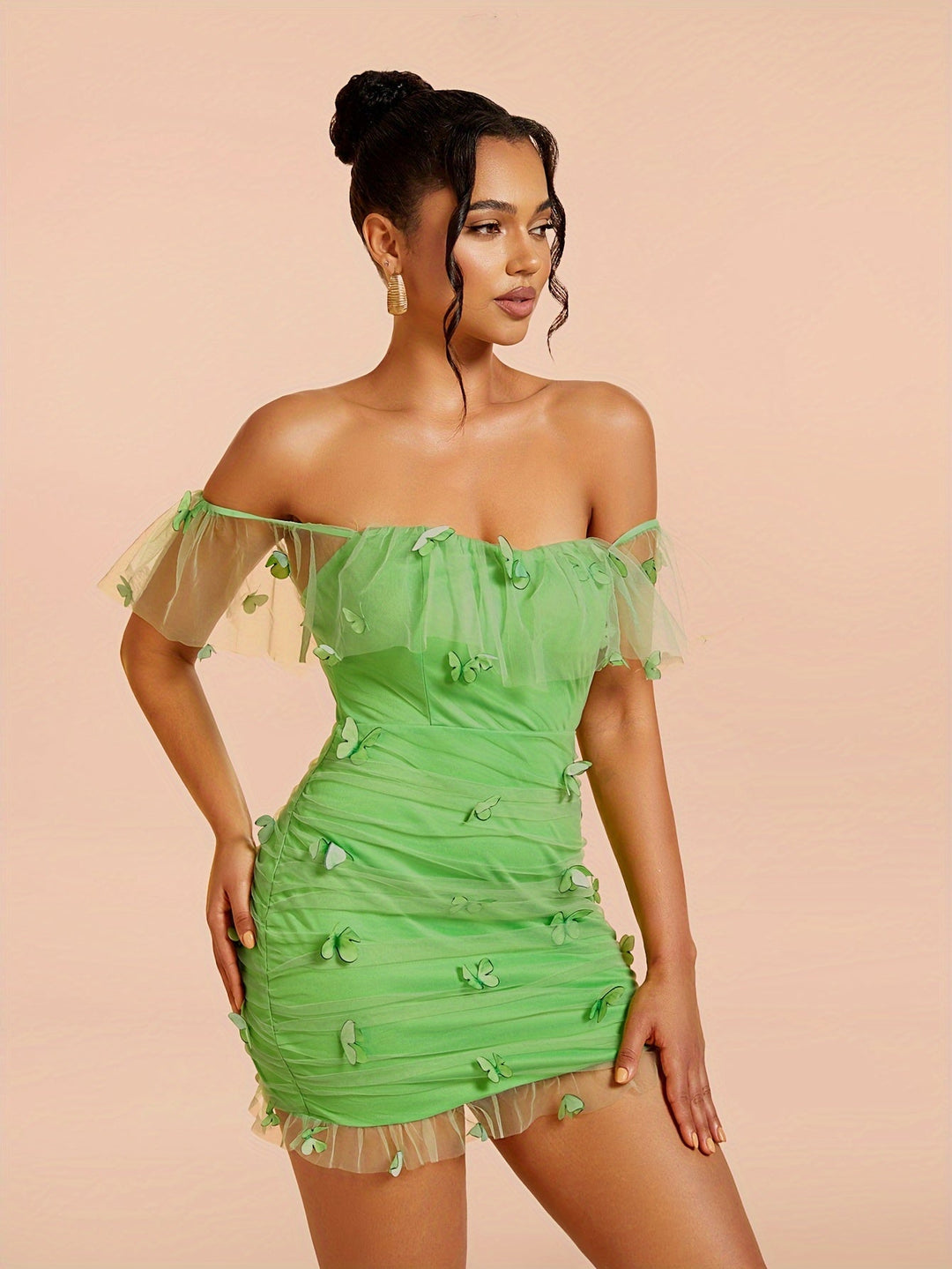 Heidi-Mode | Anpassbare Minikleider mit Herausfordernden Schulterärmeln mit Rüschen, 3D-Muster, Elegant und Sexy