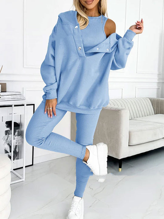 Heidi-Mode | 3-Teiliger Damen Sportanzug Lockere Kapuzenpullover Slim Hosen