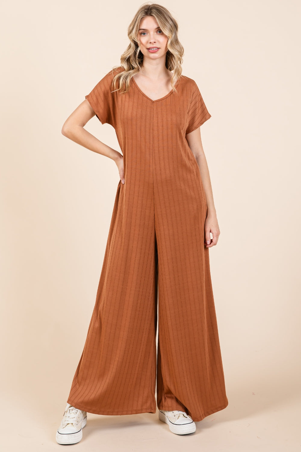 Heidi-Mode | Bombom Gerippter Kurzarm Weitbeiniger Jumpsuit