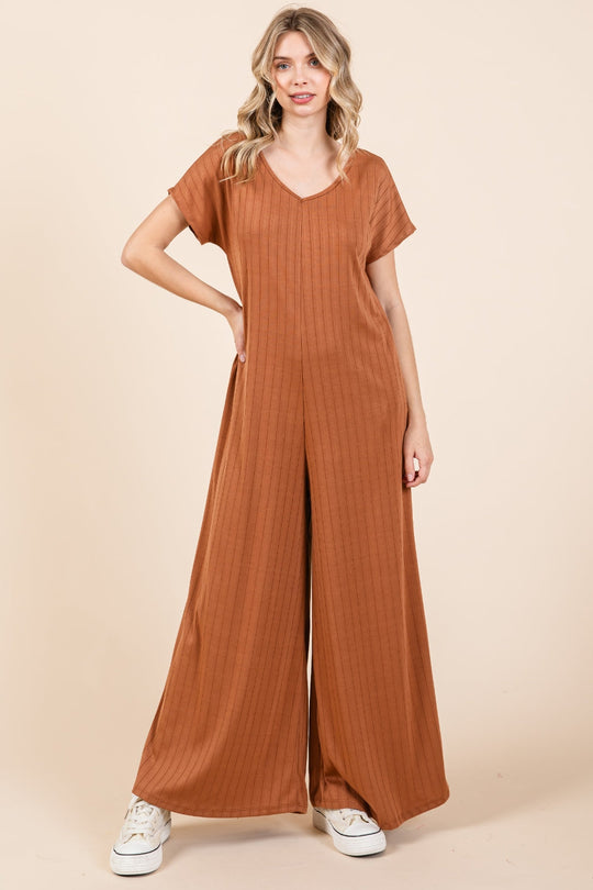 Heidi-Mode | Bombom Gerippter Kurzarm Weitbeiniger Jumpsuit