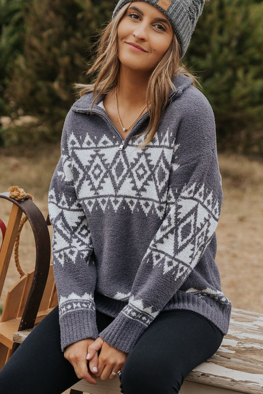 Western Pullover Mit Geometrischem Aufdruck Und Viertelreißverschluss