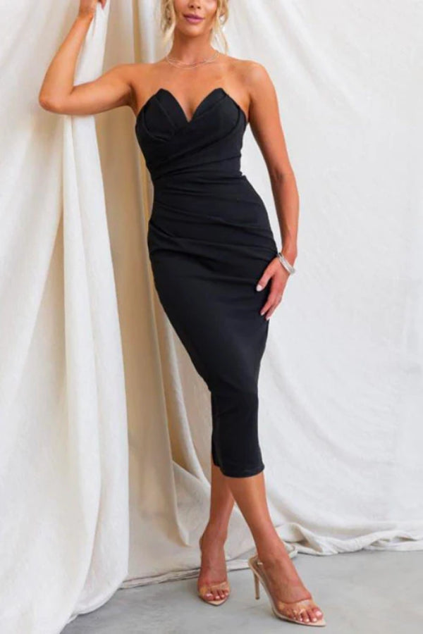 Heidi-Mode | 8 Farben Strapless Tube Top Rüschen Rücken Schlitz Midi Party Kleid