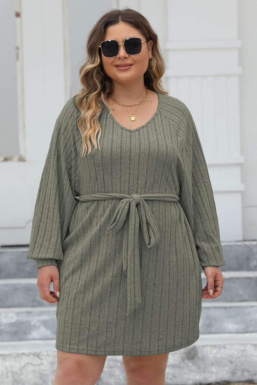 Heidi-Mode | Plus Size Rippstrick Knotenfront Langarm Pullover Kleid