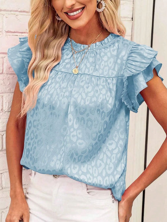 Heidi-Mode | Leopard Frill Mock Neck Rüschenshirt mit Cap Sleeves