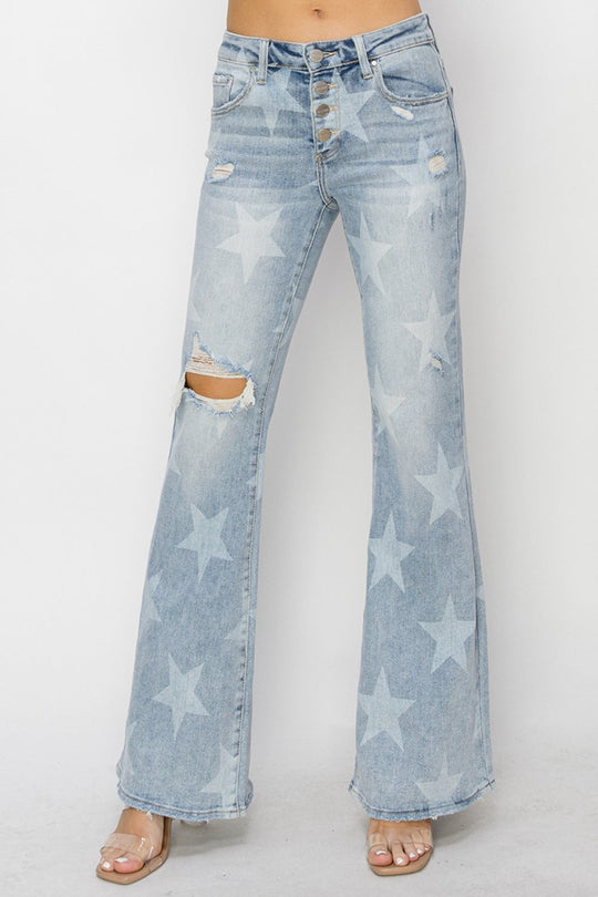 Heidi-Mode | Risen Mid Rise Knopfverschluss Start Druck Flare Jeans
