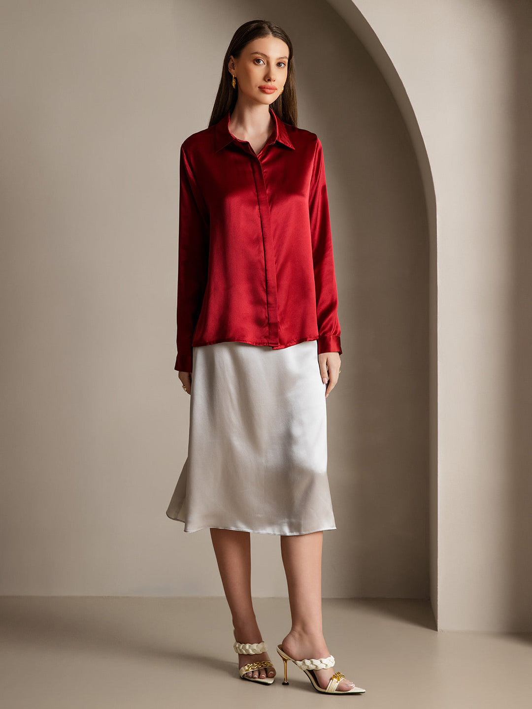 Heidi-Mode | Damen Klassische Seide Langarmshirt