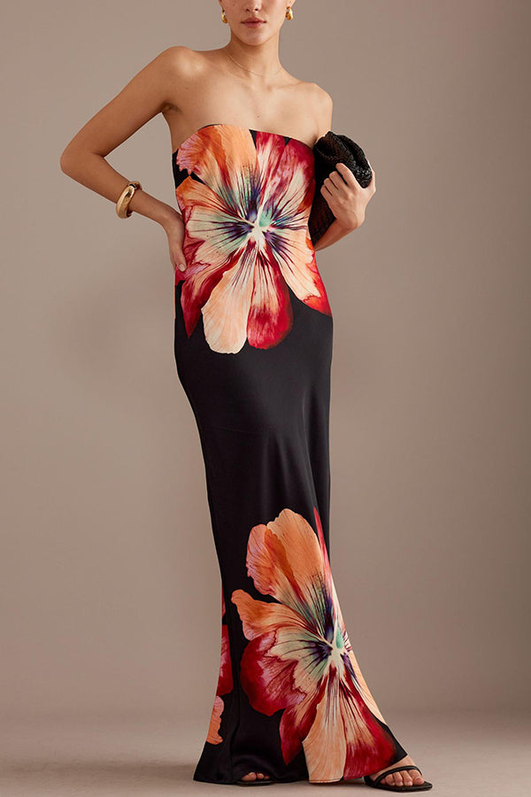 Heidi-Mode | Charmante Damen Satin Floral Print Bandeau Lockere Maxi Kleid