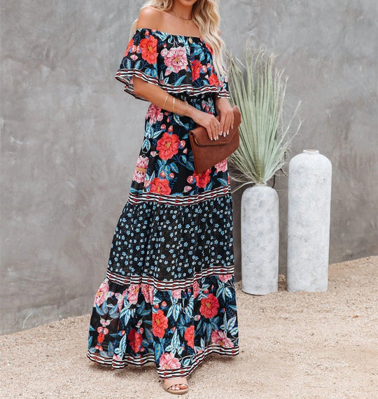 Einseitig schulterfreies langes Blumenkleid