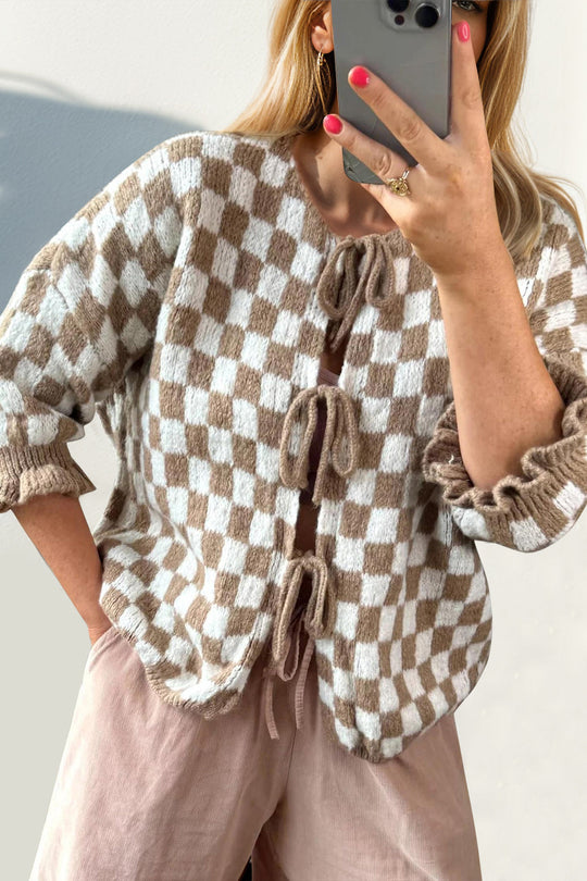 Heidi-Mode | Double Take Gebunden Karierter Fall Schulter Volant Ärmel Strickjacke