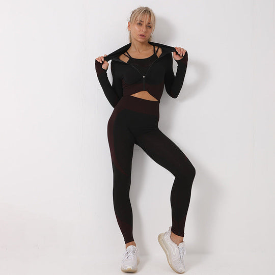 Heidi-Mode | 3-Teiliges Nahtloses Sportset für Damen mit Leggings und Sport-Bh
