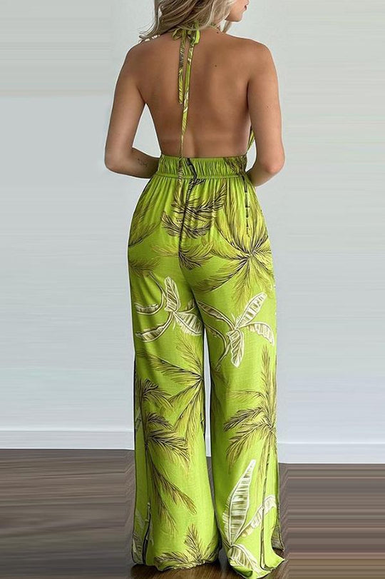 Heidi-Mode | Carneros Floral Print Halter Breite Beine Jumpsuit