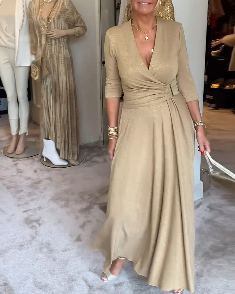 Heidi-Mode | Elegantes, Einfarbiges Kleid mit V-Ausschnitt und Dreiviertelärmeln