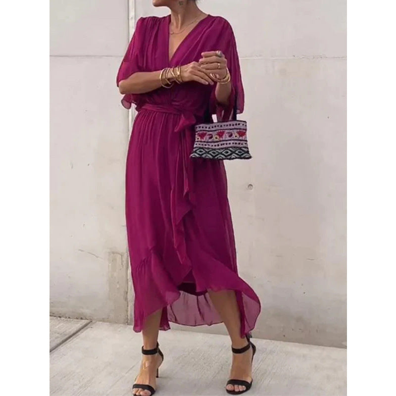 Heidi-Mode | V-Ausschnitt Sommerkleid mit Fledermausärmeln Im Unifarben Design