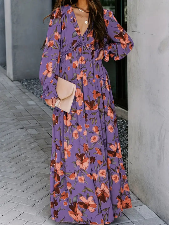 Maxi Dress met V-hals en lange mouwen met bloemenprint