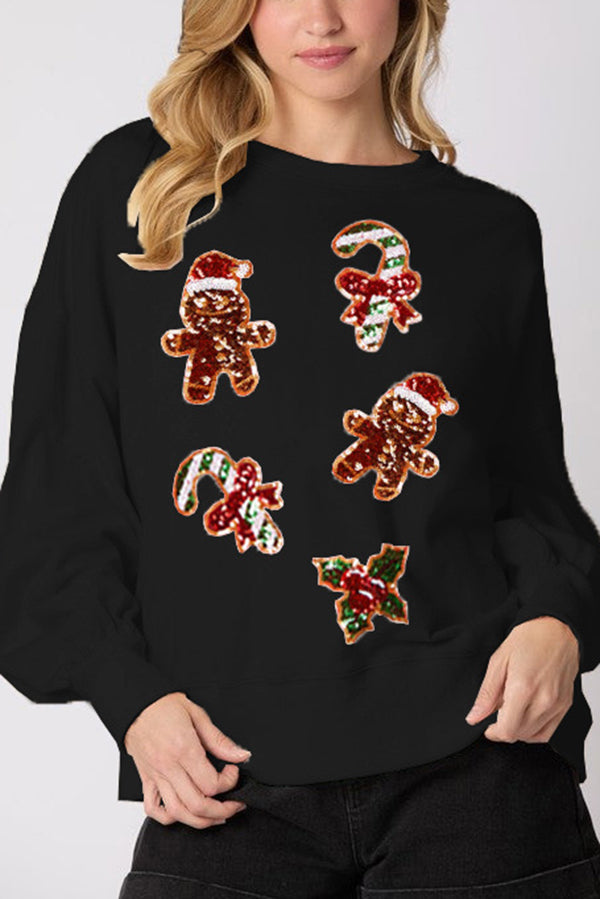 Heidi-Mode | Weihnachts Lebkuchenmann Paillette Lässig Langarm Sweatshirt