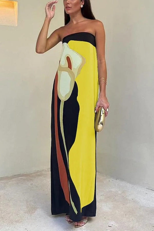 Heidi-Mode | Jaime Abstrakter Floralprint Elastischer Off-Shoulder Urlaub Locker Maxi Kleid