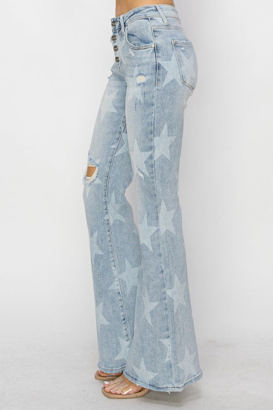Heidi-Mode | Risen Mid Rise Knopfverschluss Start Druck Flare Jeans