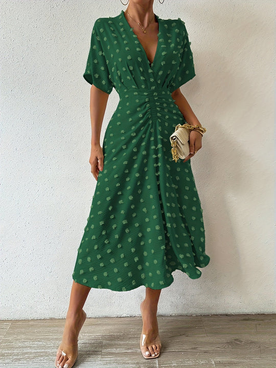 Heidi-Mode | Swiss Dot Rüsch Plissee Tiefer U-Ausschnitt Kurze Ärmel Midi Formelle Kleid für Frauen