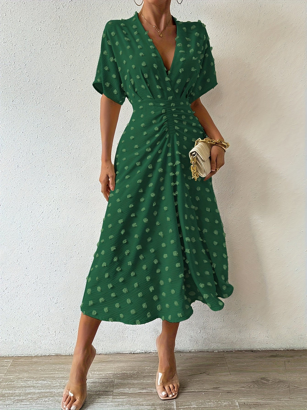 Heidi-Mode | Swiss Dot Raffung Falten Plunge Neck Kurzarm Midi Festliches Kleid Für Frauen - Ideal Für Den Frühling