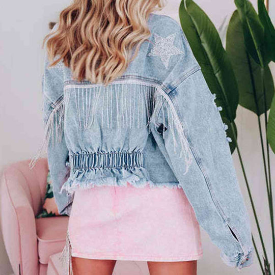Heidi-Mode | Star Raw Hem Fransen Detail Denimjacke