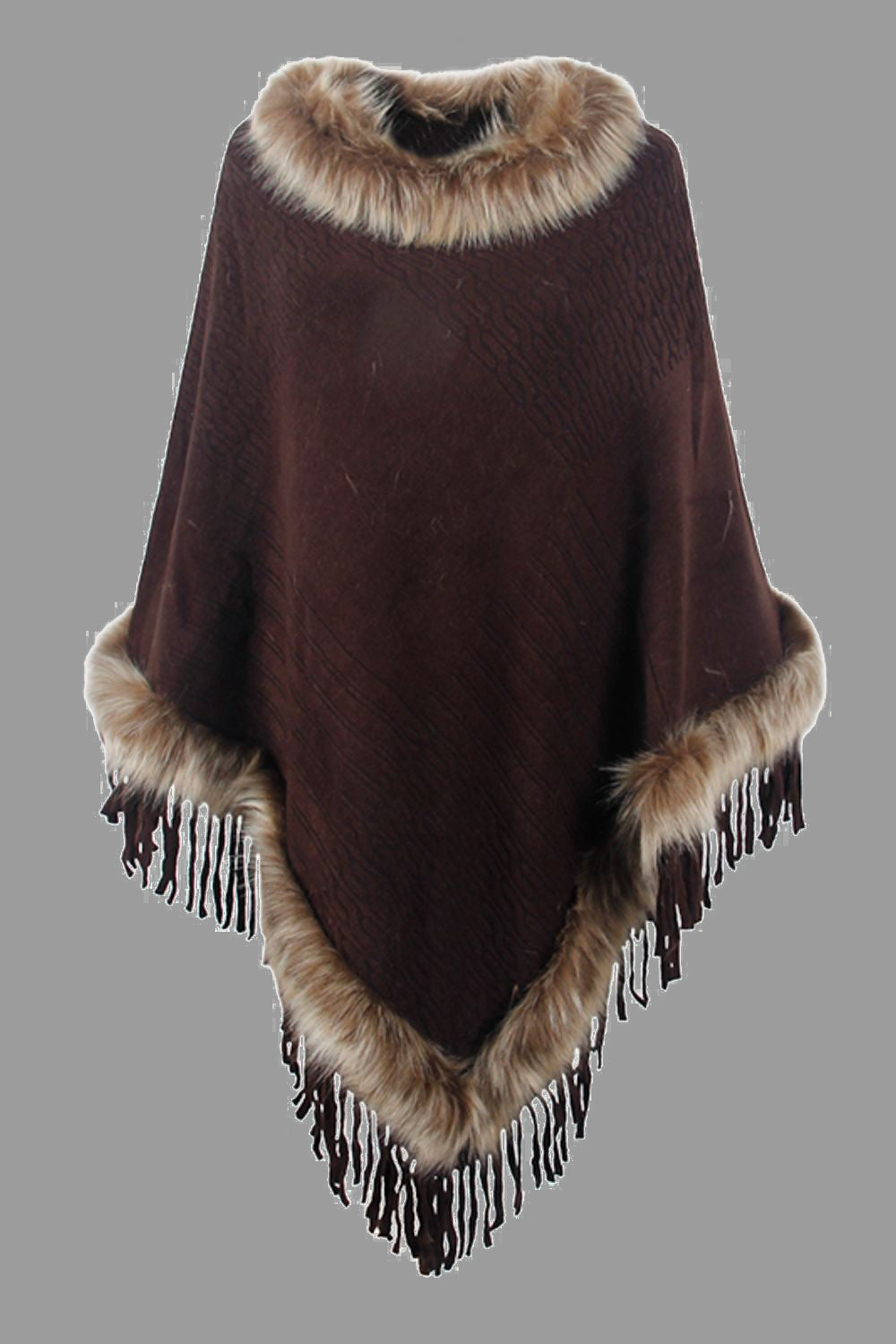 Heidi-Mode | Damen Fransen-Poncho mit Kunstfellbesatz