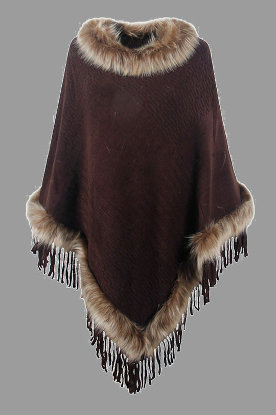 Heidi-Mode | Damen Fransen-Poncho mit Kunstfellbesatz
