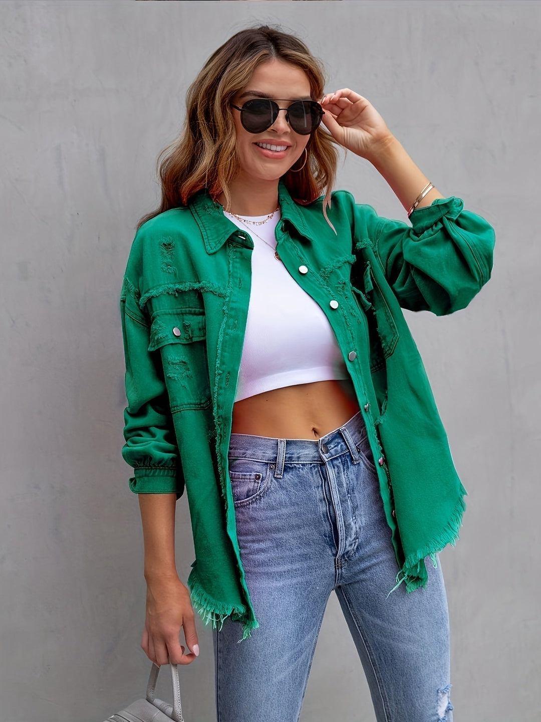 Heidi-Mode | Übergröße Jeansjacke mit Distressed Look Trendiger Denim für Lässige Styles